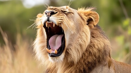 Majestic lion yawning in the wild showcasing its powerful and fierce demeanor : Generative AI