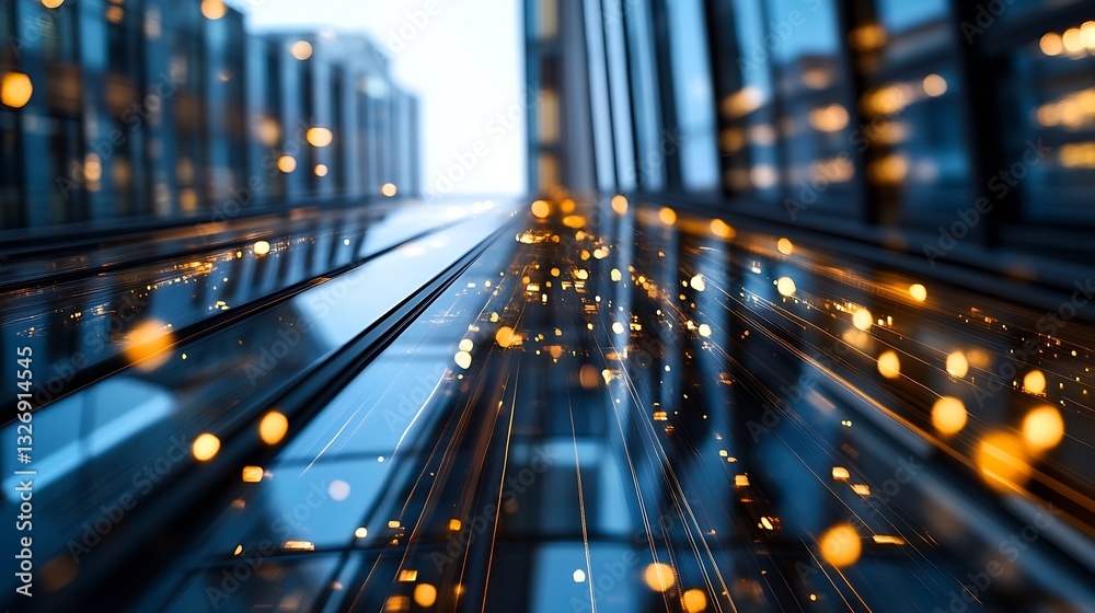 Aufkleber futuristic skyscraper glass reflection with dynamic light trails in urban environment : generative a