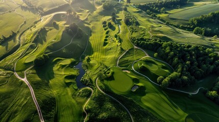 Aerial View of a Beautiful Green Golf Course Landscape in Daylight