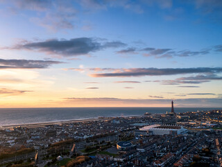 An aerial view of a sunset over Blackpool in Lancashire, UK