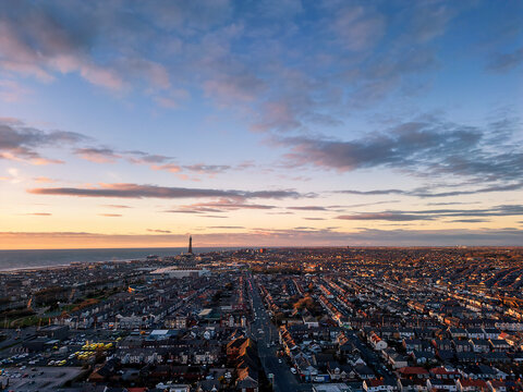 An aerial view of a sunset over Blackpool in Lancashire, UK