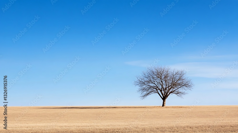 Poster isolated leafless tree on golden field under a bright blue sky : generative ai