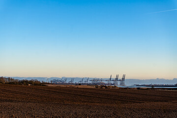 Looking across Levington Creek to the Port of Felixstowe in Suffolk, UK