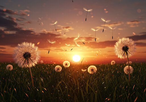 El diente de le&oacute;n que vuela por la colina al atardecer. Aldea de los dorados.