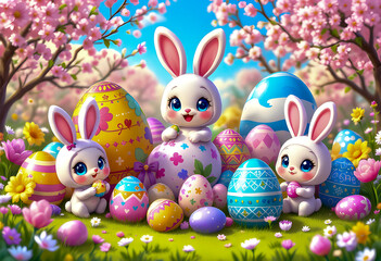 cheerful easter setting with pastel eggs spring flowers bunny figurines wicker baskets colorful ribbons green grass delicate tableware sunlight festive decorations charming seasonal celebration

