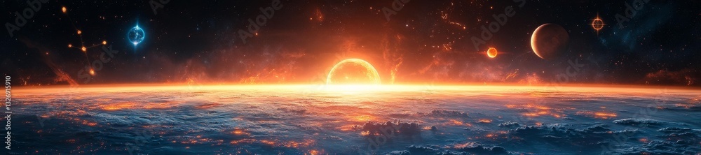 Wall mural a mesmerizing celestial horizon with glowing planets and zodiac symbols floating in space. generativ
