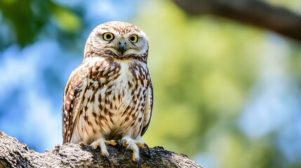 Obraz premium Majestic owl perched on a tree branch with intense gaze surrounded by green foliage in nature : Generative AI