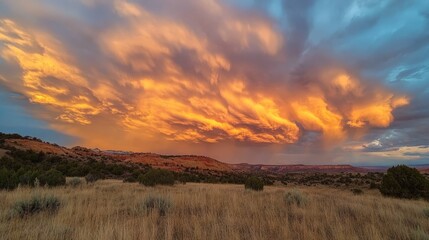 Fototapeta premium Spectacular sunset over a vast desert landscape with dramatic clouds