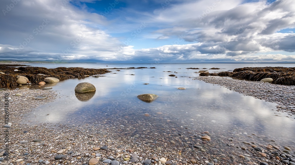 Poster scenic coastal view featuring rocks and calm waters reflecting the sky surrounded by a serene natura
