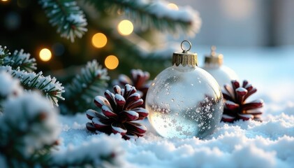 Frozen pinecones and icicles surround delicate glass ornaments, icicles, glass, winter