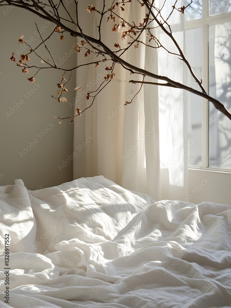 Aufkleber Sunlight filtering through sheer curtains illuminating a cozy bed with crumpled white sheets and a delicate branch : Generative AI