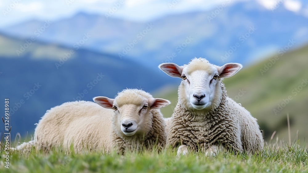 Aufkleber two adorable sheep resting on green grass with mountains in the background showcasing serene rural l