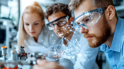 Teenagers collaborating on a science project in a laboratory innovative research environment close-up view stem education concept