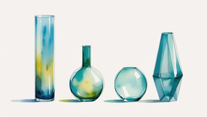 Teal and Aqua Glass Vases Bottles and Decorative Vessels Watercolor Style Still Life