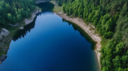 Fototapeta premium Aerial view of tranquil lake nestled among lush green trees reflecting clear blue skies : Generative AI