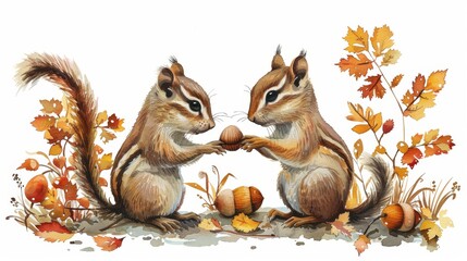 Fototapeta premium Vibrant Rainbow Colored Watercolor Illustration of Chipmunks Collecting Acorns in a Whimsical Forest Scene