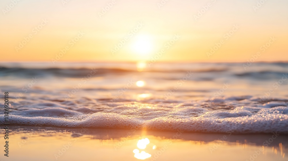 Poster golden sunset over tranquil ocean waves with soft foam creating a peaceful and serene ambiance at th