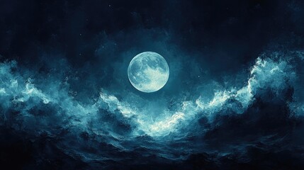 Fototapeta premium Full moon over dark clouds at night, mystical scene, fantasy background