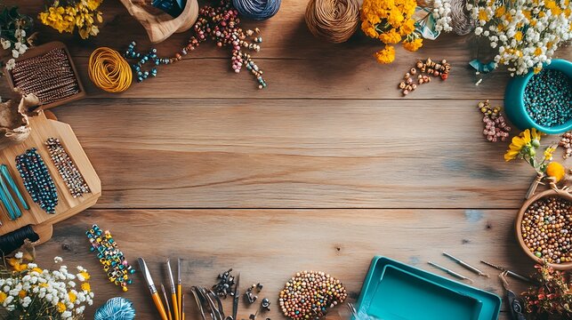 Beading supplies arranged on a wooden surface, creative craft station, ready for making jewelry