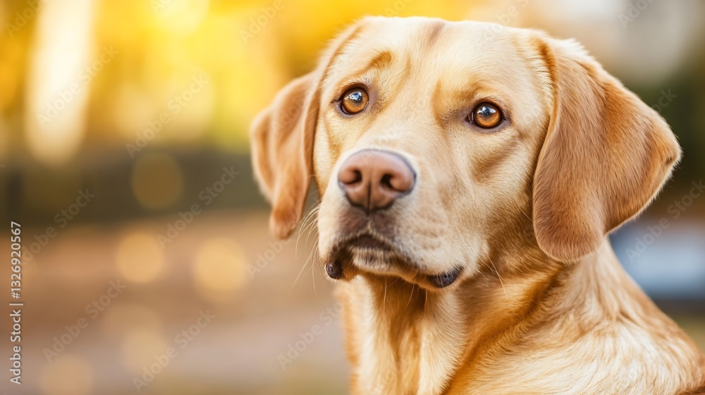 Poster golden labrador retriever with expressive eyes gazing thoughtfully in a warm autumn setting : genera