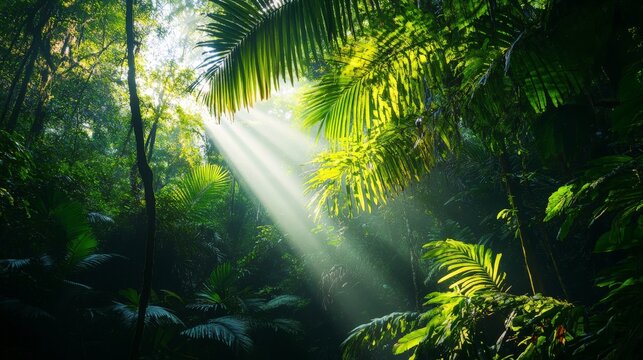 Sunlight streaming through lush green tropical rainforest canopy