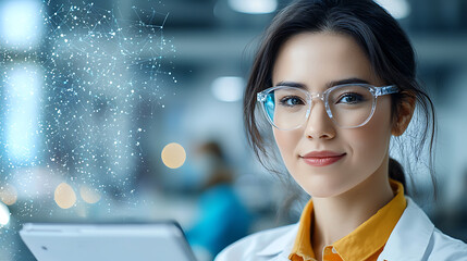 Innovative college student engaged in futuristic research with tablet modern laboratory educational content high-tech environment focused perspective