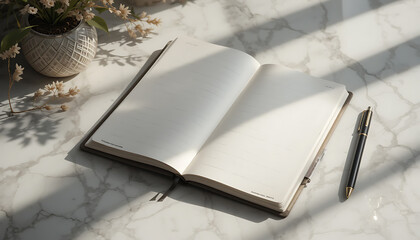 Open Notebook and Pen on Marble Table with Sunlight and Flowers in the Background