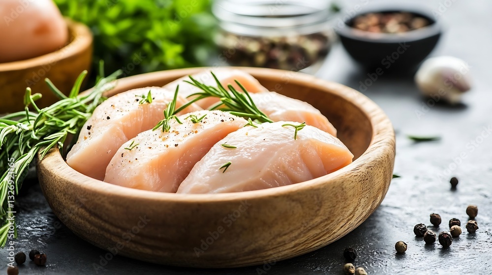 Poster fresh raw chicken fillets garnished with herbs ready for cooking in a rustic setting : generative ai