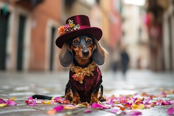 lovely wiener dog in bold wine suit topper at Venice event fest pup shines cheery loud petals spread on base urban take in Italy might click  

