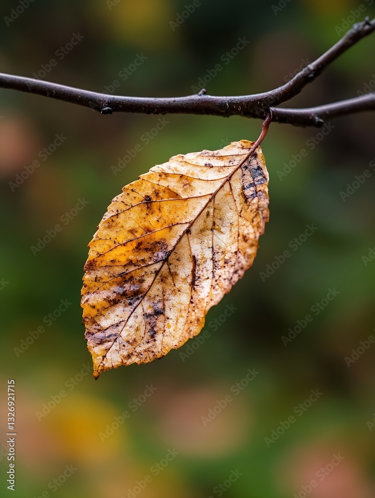 Poster detailed closeup of a single dry leaf hanging on a branch in nature : generative ai