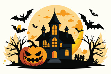Halloween night with bats and haunted house