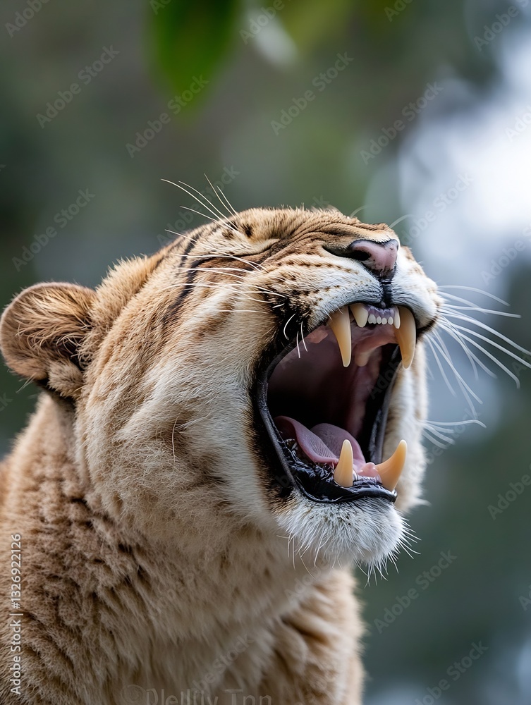 Poster a closeup view of a roaring lion's face showcasing its fierce expression and detailed features : gen