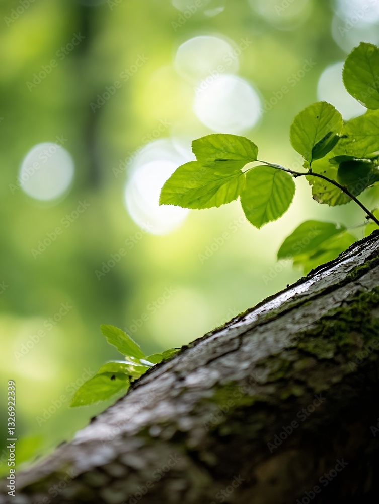 Aufkleber Fresh green leaves adorning a tree branch with a blurred background of sunlight filtering through : Generative AI