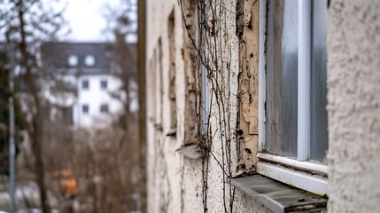 Old building facade with creeping vines and windows framed by weathered wooden structures : Generative AI