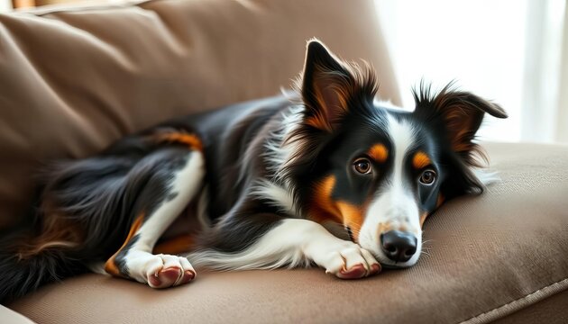 A border collie dog rests comfortably on a couch, lifestyle, black