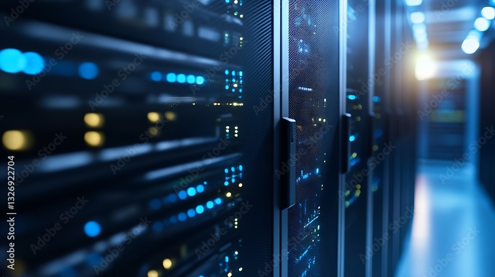 Aufkleber Hightech data center showcasing illuminated server racks with cables and lights : Generative AI