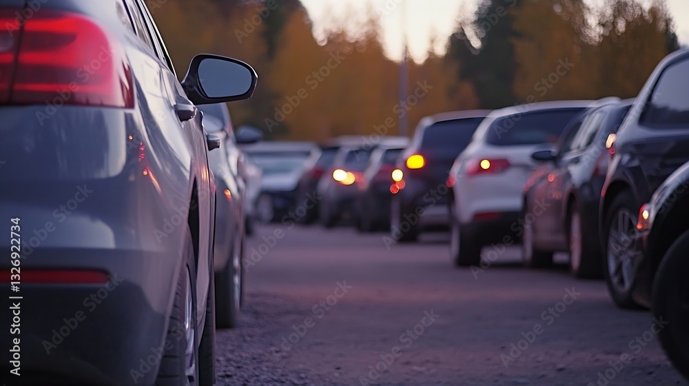 Aufkleber evening view of parked vehicles lined up in a lot surrounded by autumn trees and fading sunlight : g