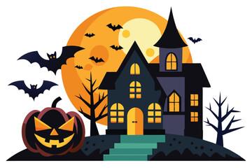Halloween night with bats and haunted house