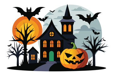 Castle and bats halloween night