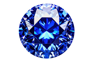 Close-up of a vivid blue sapphire with intricate facets and a brilliant shine isolated on white background