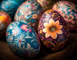 Close-up of Easter eggs with intricate floral patterns, set against a soft, neutral background