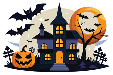 Castle and bats halloween night