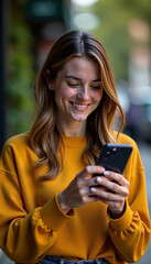 A young woman in a yellow sweater smiles while using her smartphone outdoors.