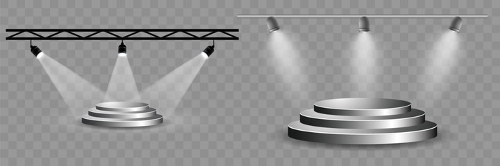 Spotlights for stage and concerts. Set of empty podiums on transparent background. Vector illustration.