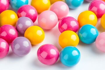 range of bright plastic gum beads on white field mixed shade round treats vivid sugary joys happy candy bites good for all ages candy mound sweet  
