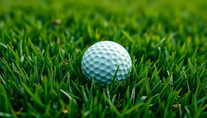 Fototapeta premium Close-up of golf ball resting on lush green grass, sunlight, outdoor