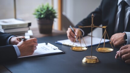 Legal Professionals Reviewing Documents with Scales of Justice