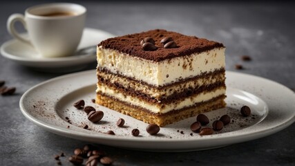 Delicious Tiramisu Cake Slice with Coffee Beans and Beverage on Plate