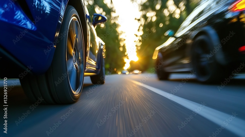 Poster dynamic view of two cars racing down a sunlit road with blurred motion effect emphasizing speed : ge