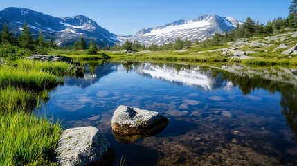 Stunning Mountain Reflection in Clear Blue Lake Surrounded by Lush Forest : Generative AI